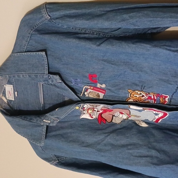 Vintage Segrita by Emmanuel Schvili Tom and Jerry Embroidered Denim Top, Size L - Picture 3 of 9